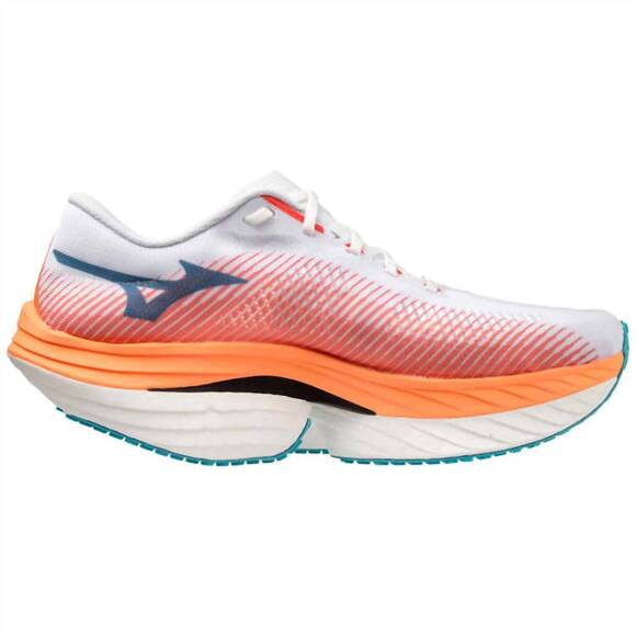 NEW MIZUNO men's wave rebellion pro running shoes in white / orange / blue